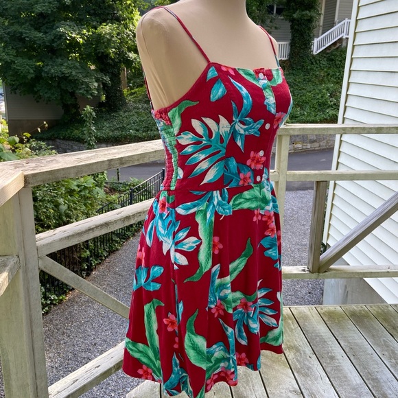 Hollister Red Blue & Green Tropical Botanical Palms Floral Dress Size S - Picture 4 of 11